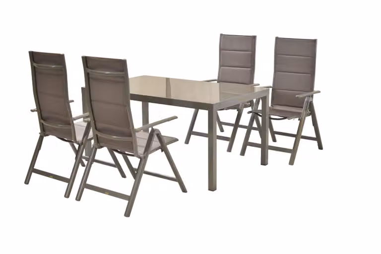 Set di mobili da giardino Merxx Taviano 5 pezzi, 4 poltrone pieghevoli, tavolo 150 x 90 cm - alluminio/tessuto
