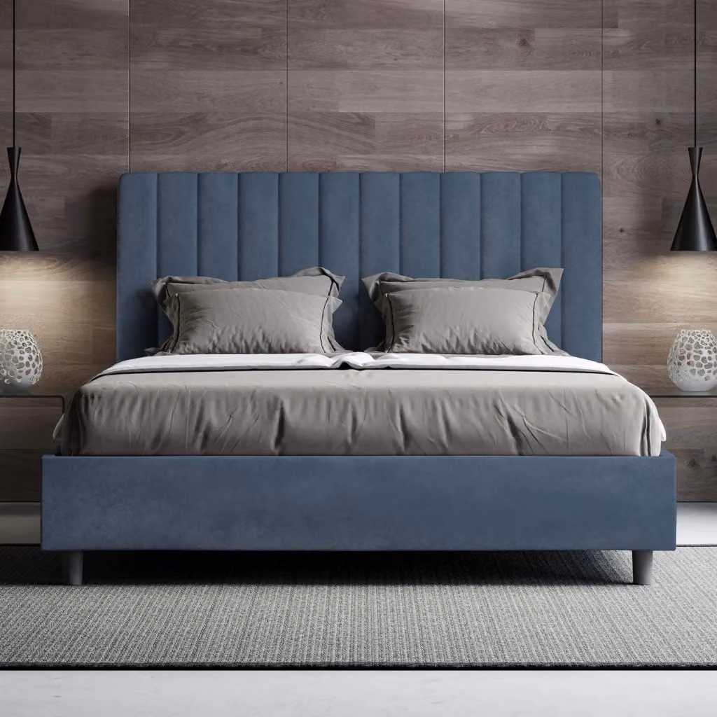 Letto Matrimoniale Moderno GIORDANOSHOP in Legno e Tessuto Microfibra Blu L: 155 cm, P: 230 cm, H: 122 cm – 2