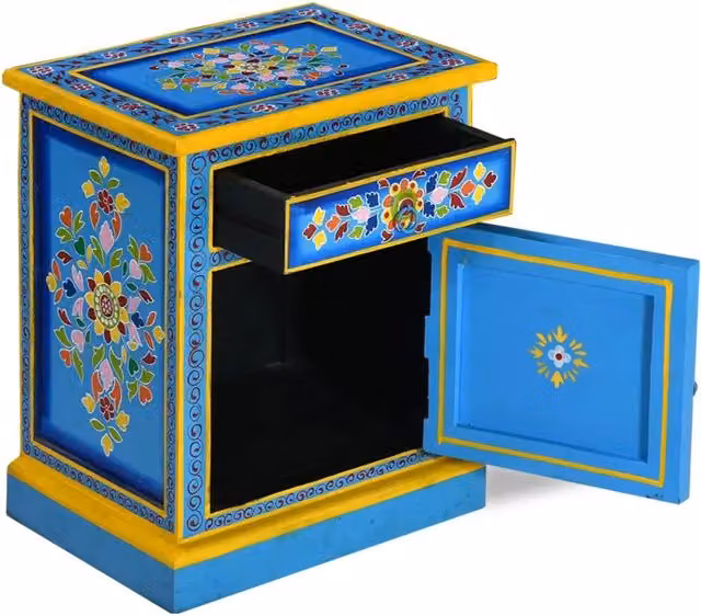 Comodino da notte Design Mania in legno di mango turchese con decorazioni floreali multicolore dipinte a mano