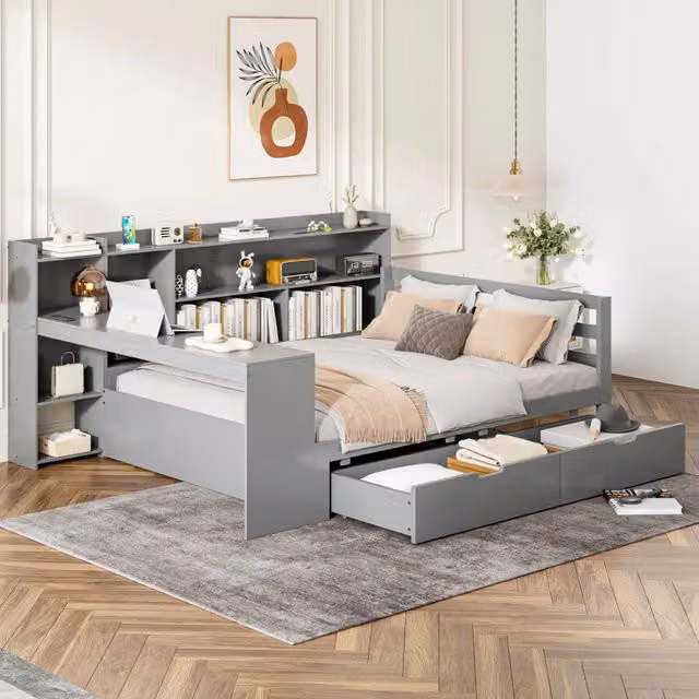 Letto multifunzionale Mivray in legno grigio con scrivania, libreria, 2 cassetti e prese USB, L/P: 140 x 200 cm