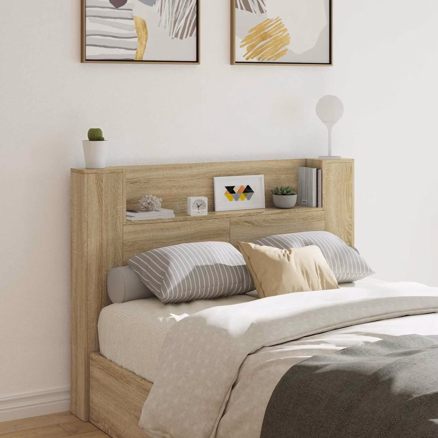 Testata del letto con mobile e illuminazione LED vidaXL in legno ingegnerizzato color Sonoma, L: 140,0 cm, P: 19,7 cm, H: 103,5 cm