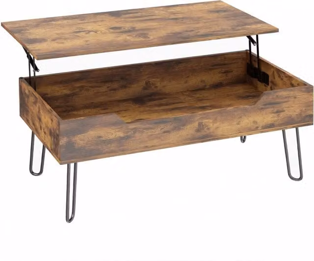 Tavolino Rettangolare in MDF e Acciaio con Piano Regolabile in Altezza e Ampio Scomparto Nascosto, Colore Marrone Rustico