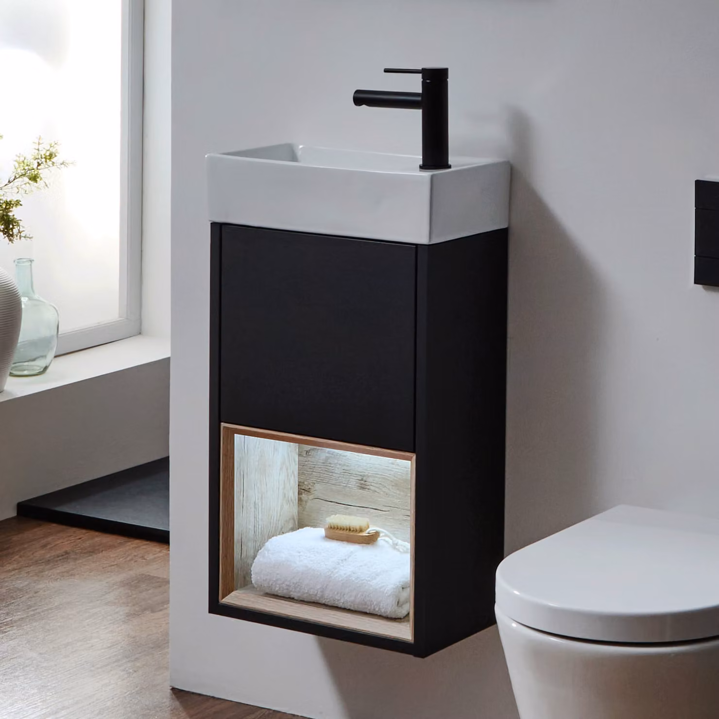 Mobile Bagno Sospeso con Ripiano Aperto e Lavabo da 400mm - Rovere Chiaro - Hoxton