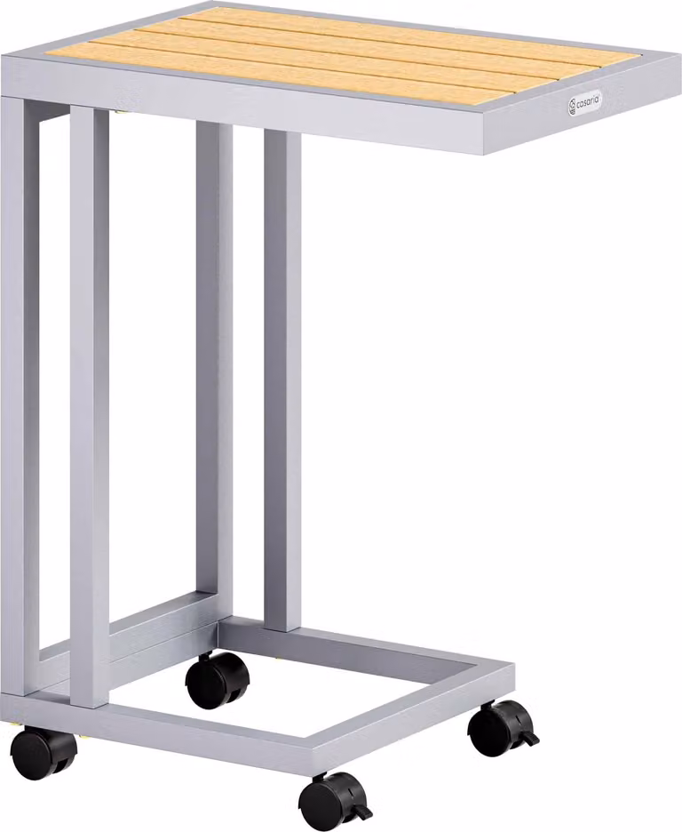 Tavolino laterale a forma di C, piano in WPC, 66x50x40 cm, per interni/esterni