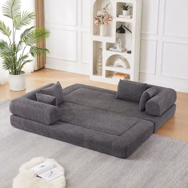 Divano letto modulare 4 in 1 con schienale regolabile in ciniglia grigio