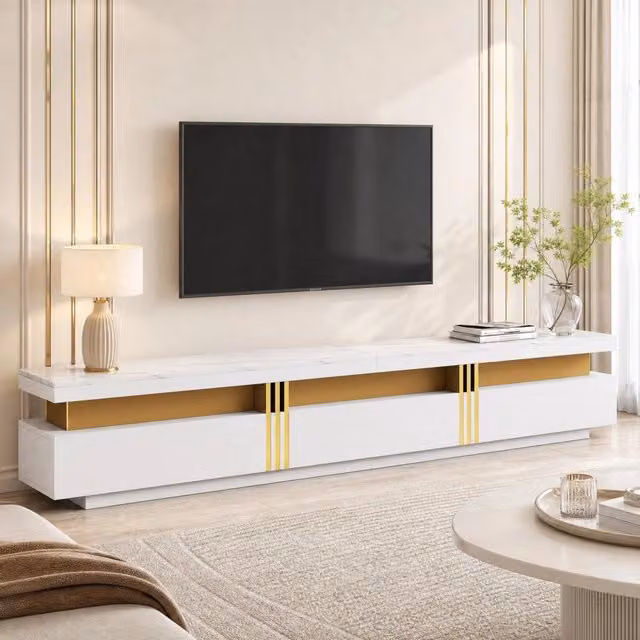 Mobile TV ULEVR 200x40x42 cm con 3 cassetti e passacavi, fino a 30 kg, bianco effetto marmo