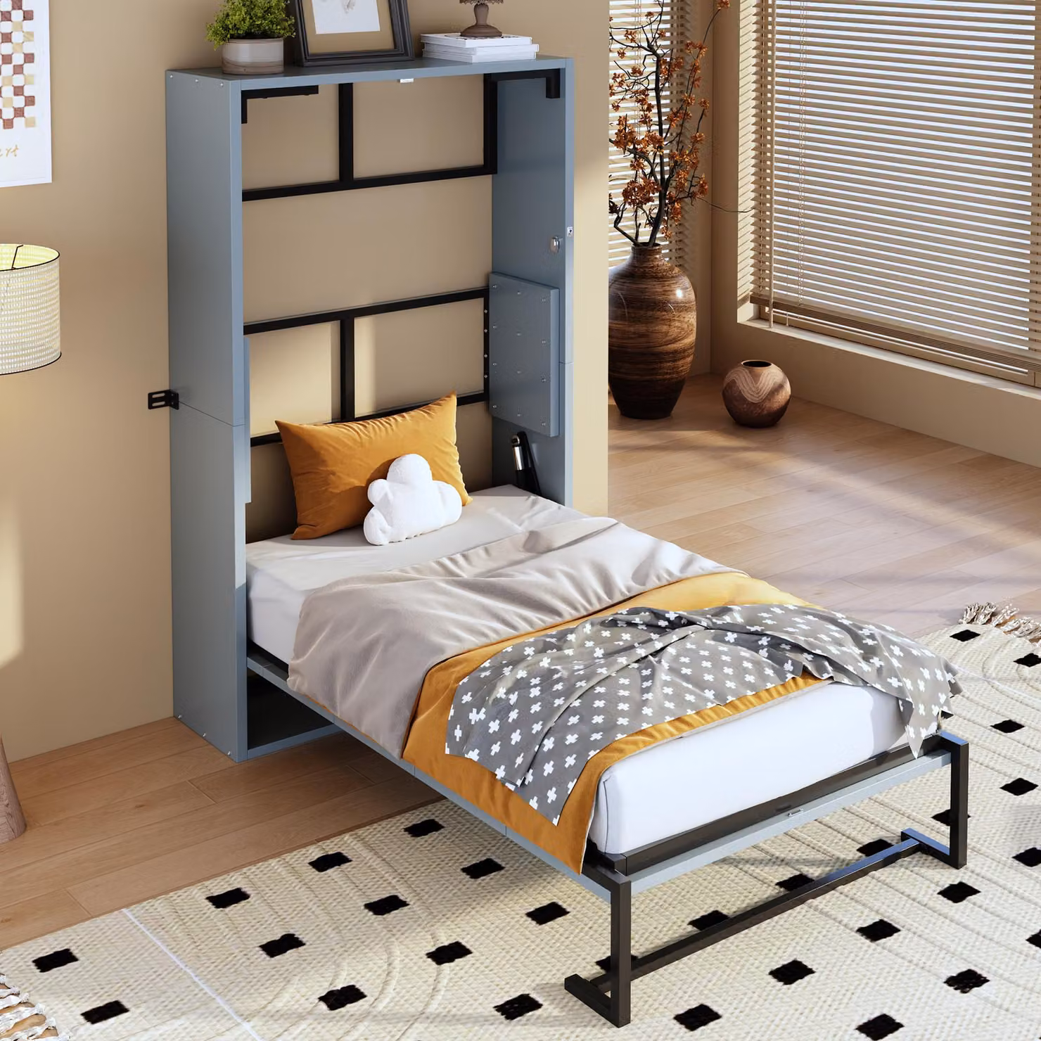 Letto a scomparsa MODFU 90x200, letto ribaltabile, letto Murphy, salvaspazio, letto singolo, struttura in metallo, montaggio a parete, struttura in metallo senza materasso, grigio