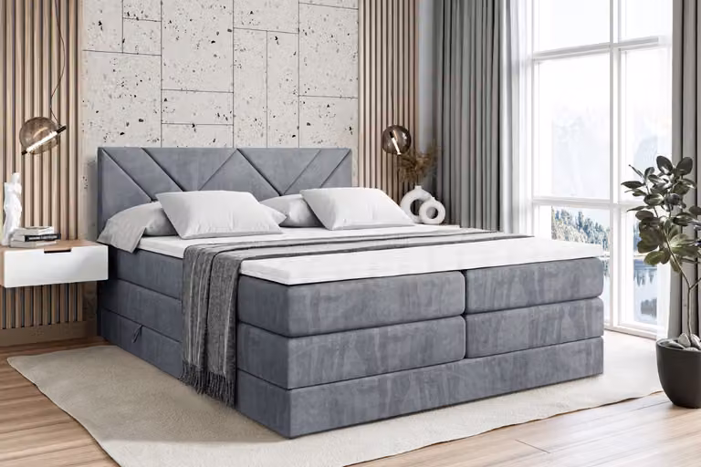 Letto boxspring ALTDECOR con 2 materassi e topper - 120x200 cm - BARWA KING - Grigio velluto - Letto imbottito con materassi H3 e H4, contenitore e rete a doghe, letto con spazio contenitivo