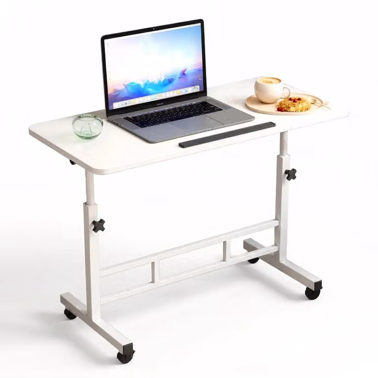 Scrivania regolabile in altezza, ideale per laptop, con piano girevole a 180°, pieghevole, dotata di rotelle, dimensioni 80x40 cm, colore bianco