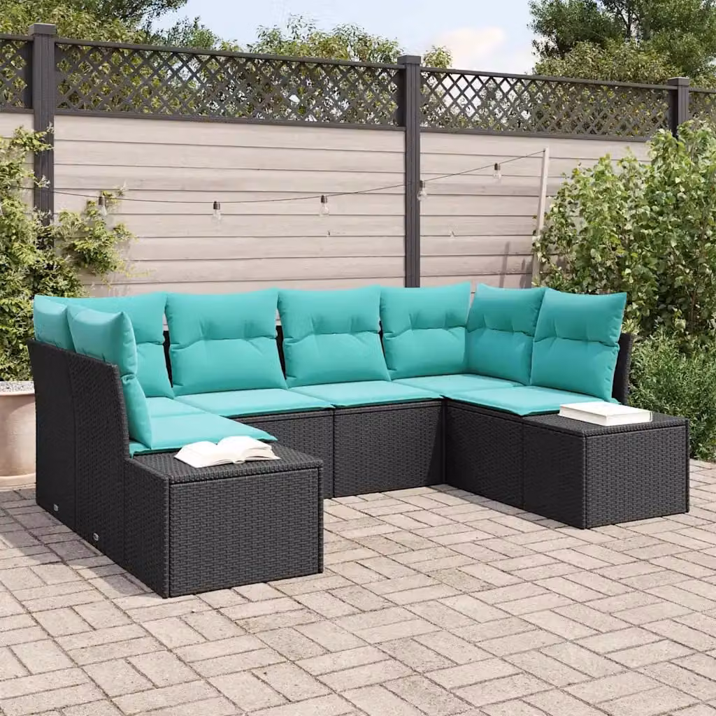 Set Divano da Giardino vidaXL a forma a U composto da 6 pezzi in rattan nero con cuscini rimovibili e struttura in acciaio verniciato a polvere