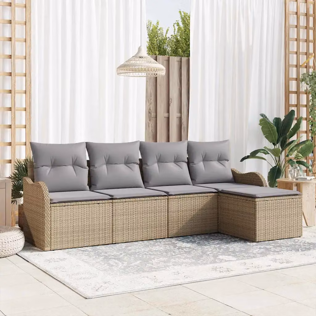 Set Divano da Giardino vidaXL 5 Pezzi Beige con Cuscini e Struttura in Metallo e Polyrattan