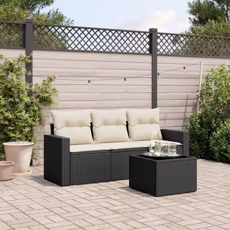 Set da giardino vidaXL composto da 4 pezzi con cuscini, poltrona lounge, elemento angolare e tavolino, colore nero e bianco