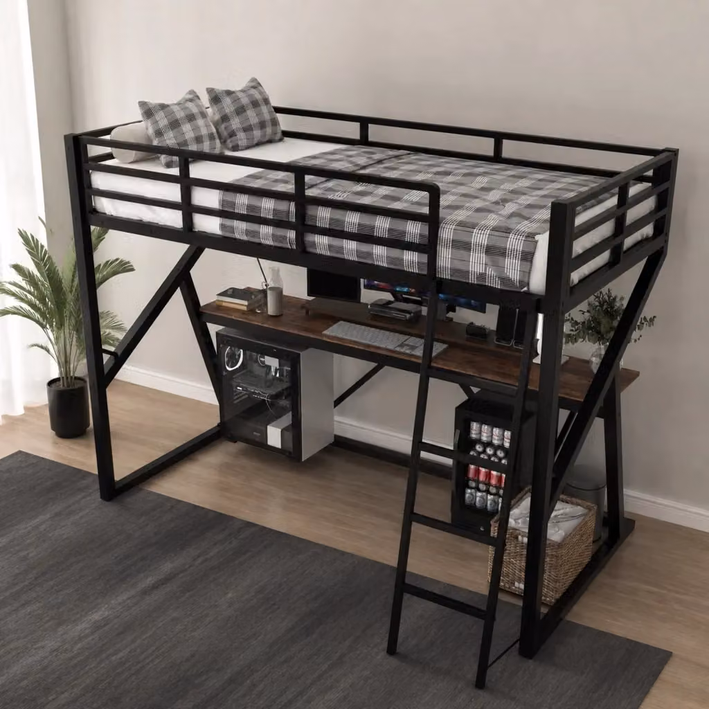 Letto a soppalco singolo moderno nero e multicolore con scrivania, vani laterali e illuminazione LED, L/P/H: 200 x 90 x 160,5 cm – 2