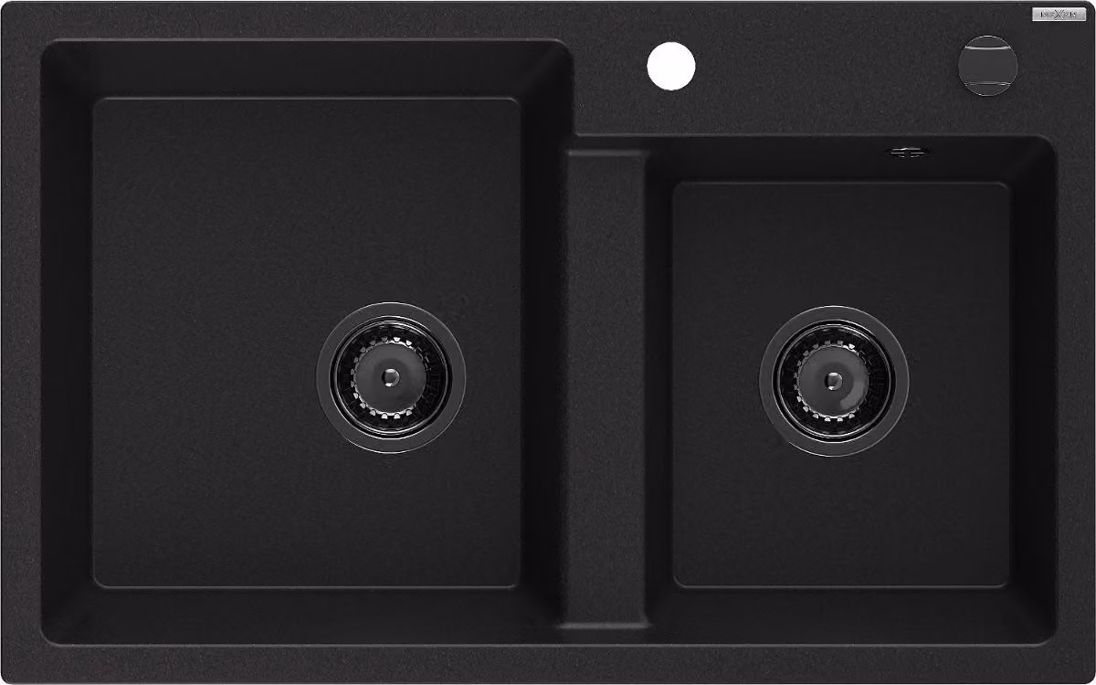 Mexen Tomas lavello in granito a 2 vasche 800 x 500 mm, nero, sifone nero - 6516802000-77-B