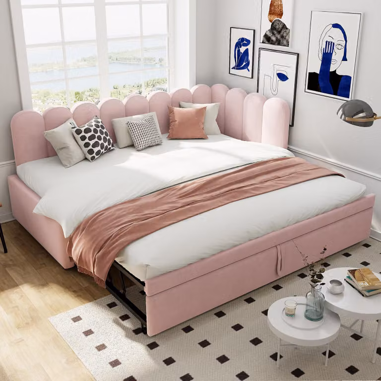 Sweiko 2-in-1 divano letto multifunzionale a L (90/180 x 200 cm), rosa velluto Letto imbottito Design salvaspazio Può essere utilizzato come culla o letto per gli ospiti.