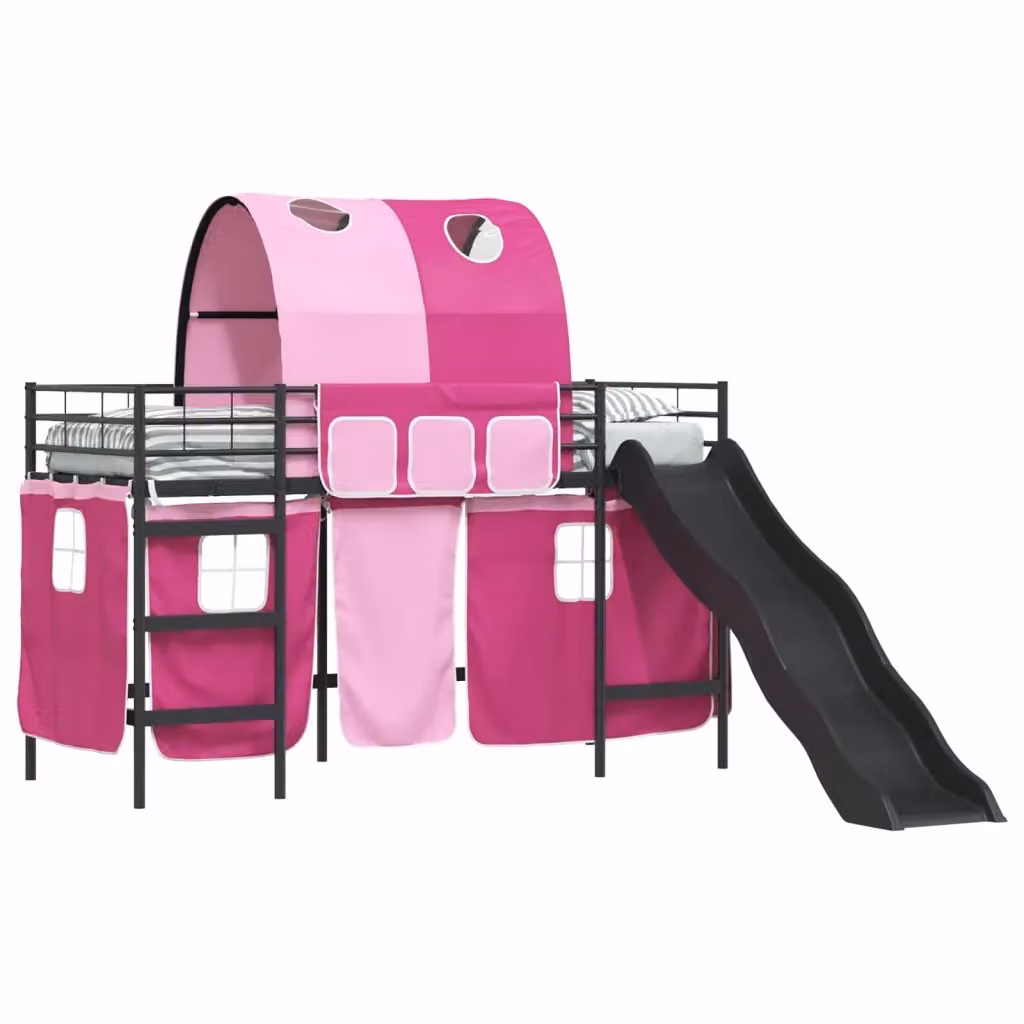 Letto a castello per bambini vidaXL con struttura in metallo e telaio a casetta, Nero e Rosa, L/P/H: 200 x 100 x 194 cm – 2