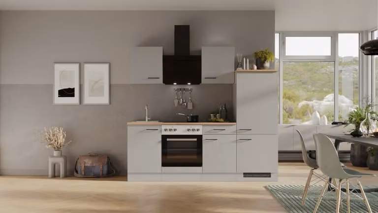 Mobile cucina con elettrodomestici Flex Well Lund 220 cm colore frontale grigio chiaro lucido colore mobile grigio fumo opaco