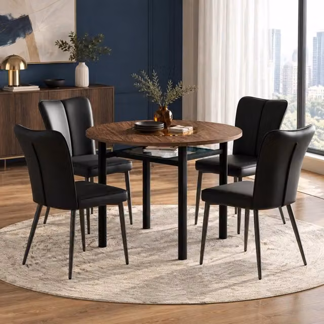Set da pranzo MIVRAY composto da tavolo rotondo in MDF e 4 sedie in similpelle PU nei colori marrone e nero