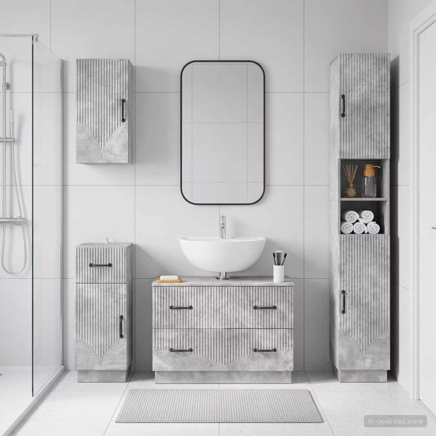 Set di mobili da bagno moderno vidaXL HOORN composto da 4 pezzi in colore grigio cemento con mobile sottolavabo e pensili a parete
