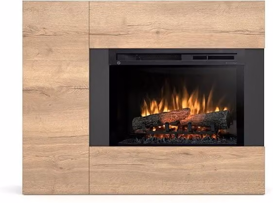 Caminetto elettrico da pavimento a libera installazione con LED e Bluetooth Outinfire, Nero e Rovere chiaro, in MDF – 1