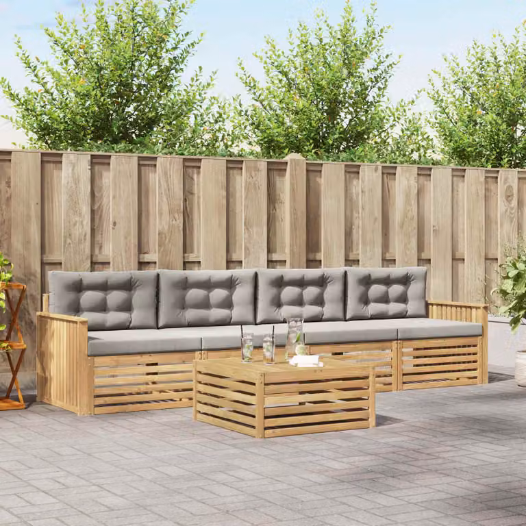 Set di divani da esterno vidaXL 5 pezzi in legno di acacia con tavolino e cuscini, Bianco e Grigio