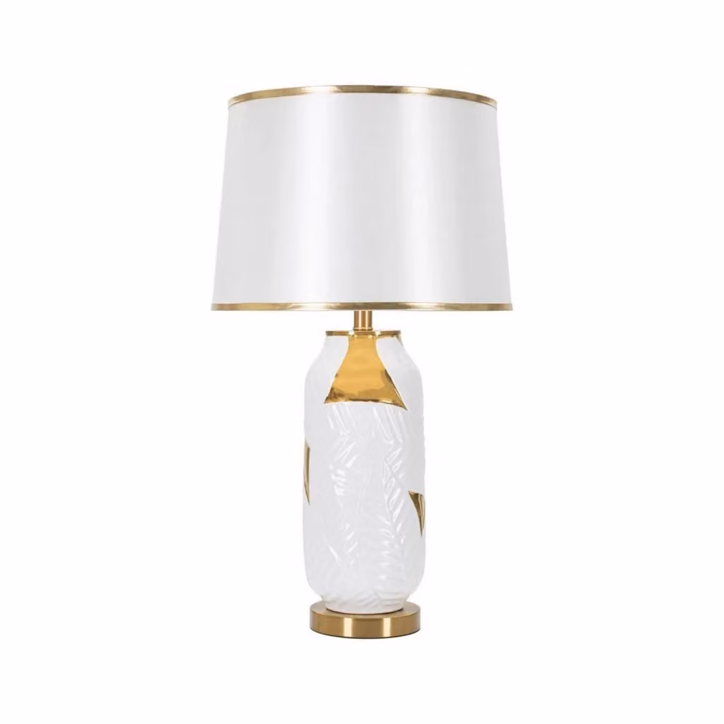 Lampada da tavolo Trompe DMORA, luce da scrivania moderna in ceramica, metallo e tessuto, Bianco e Oro, L 40 cm x P 40 cm x H 70 cm – 2