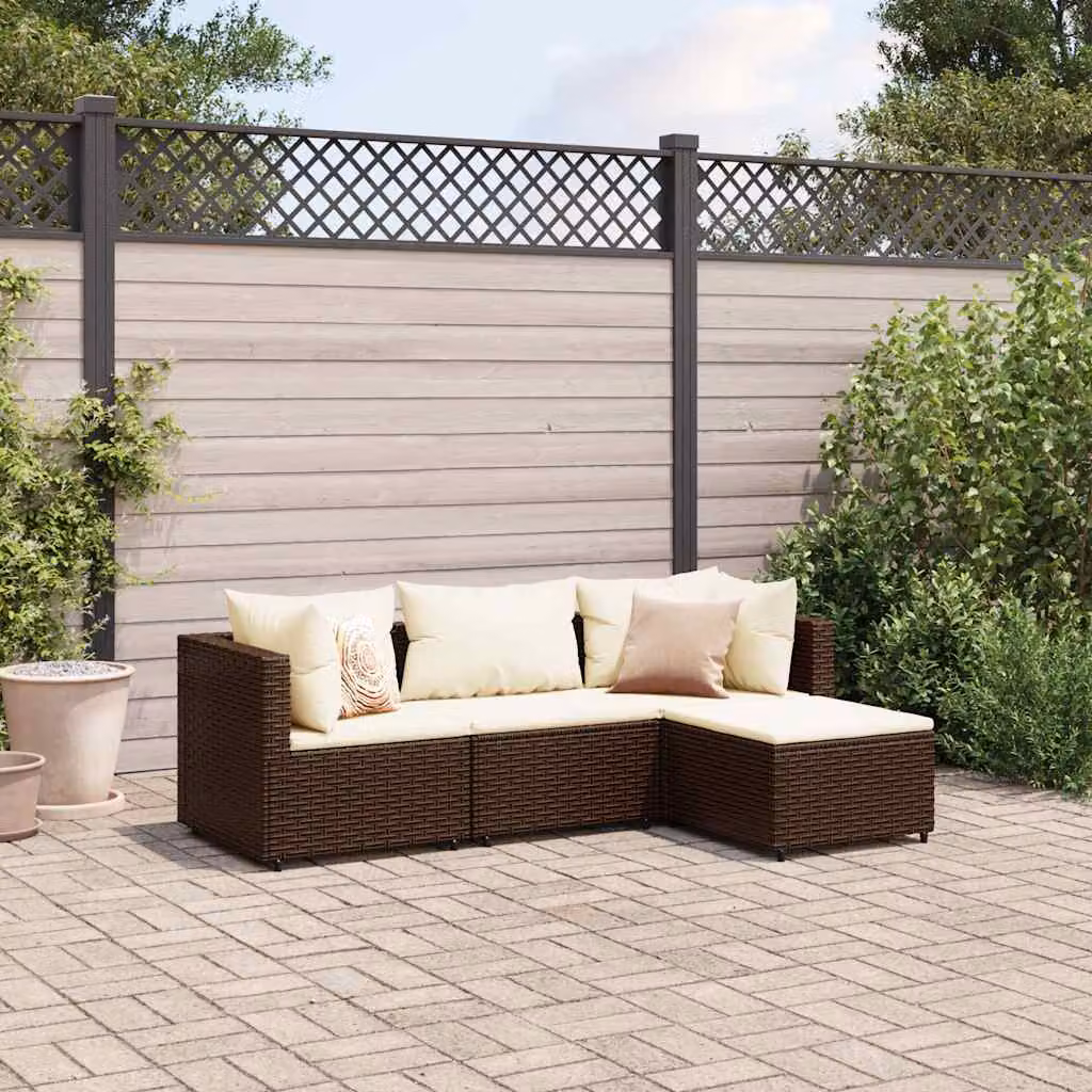 vidaXL Set Mobili da Giardino 4 pz a Forma a L in Polyrattan Marrone e Bianco con Cuscini e Pouf – 1