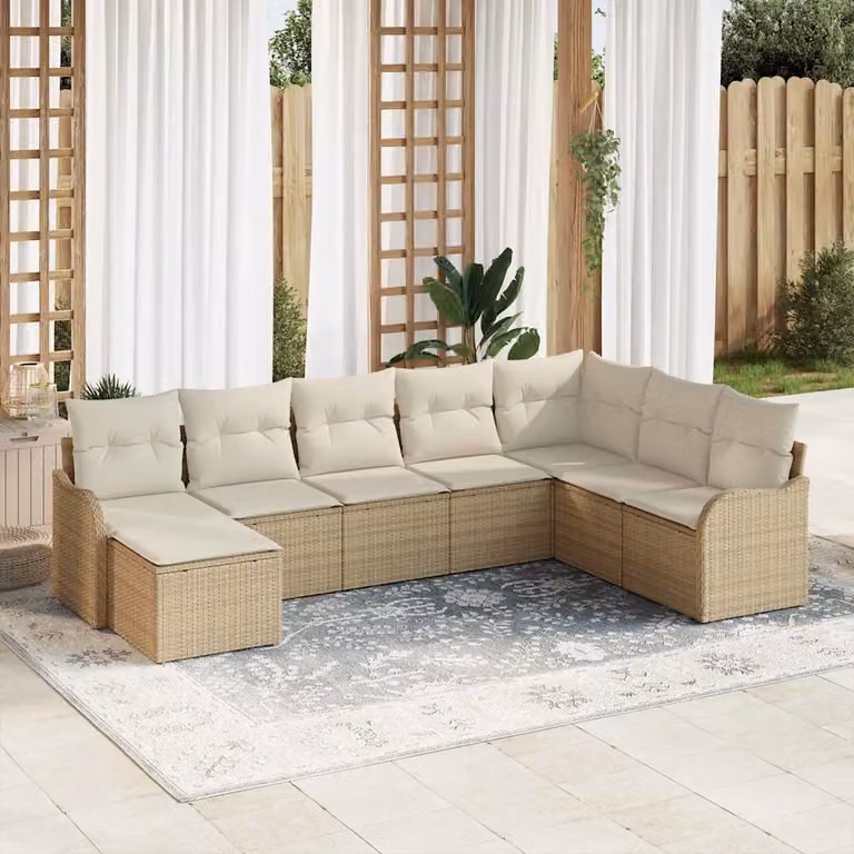 Set Divano da Giardino a L vidaXL 8 Pezzi Beige con Tavolino e Ottoman in Polyrattan e Acciaio