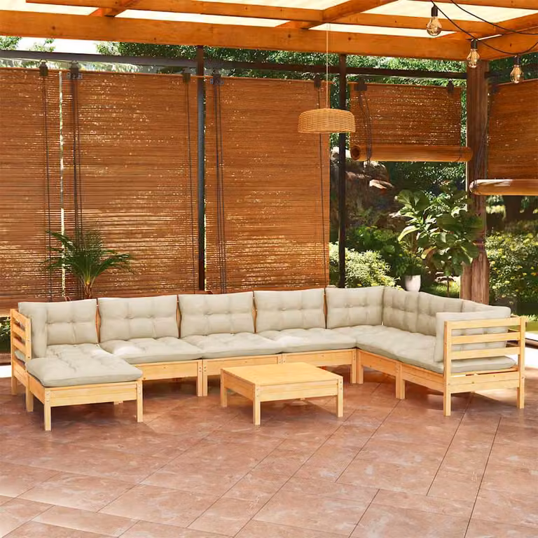 vidaXL Set Divani da Giardino 9 pz in Legno di Pino con Cuscini Beige e Design Moderno a L