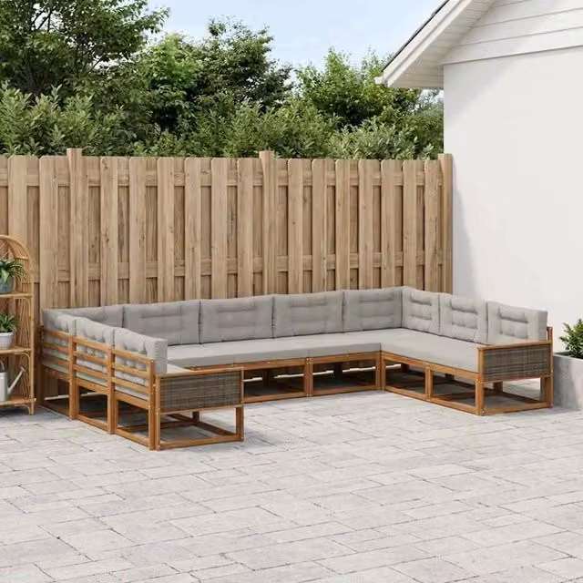 Set di divani da esterno a L vidaXL in legno di acacia con cuscini, beige e grigio – 1