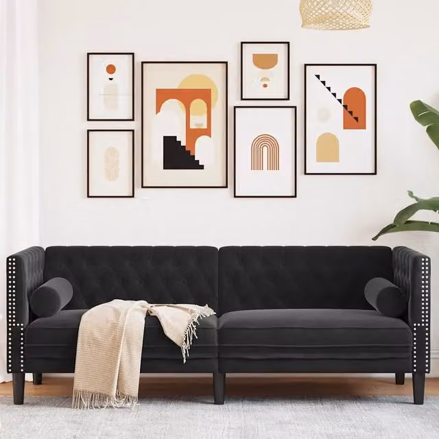 Divano Chesterfield con Rinforzi 3 Posti-Sofa 3 Posti-Divanetto Nero in Velluto