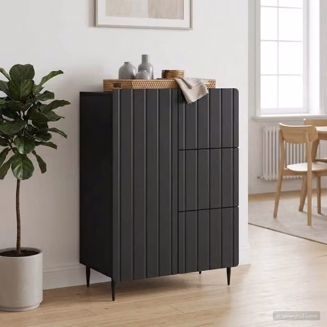 Credenza moderna vidaXL in legno ingegnerizzato e metallo, colore nero opaco, L: 66 cm, P: 34,5 cm, H: 91,5 cm