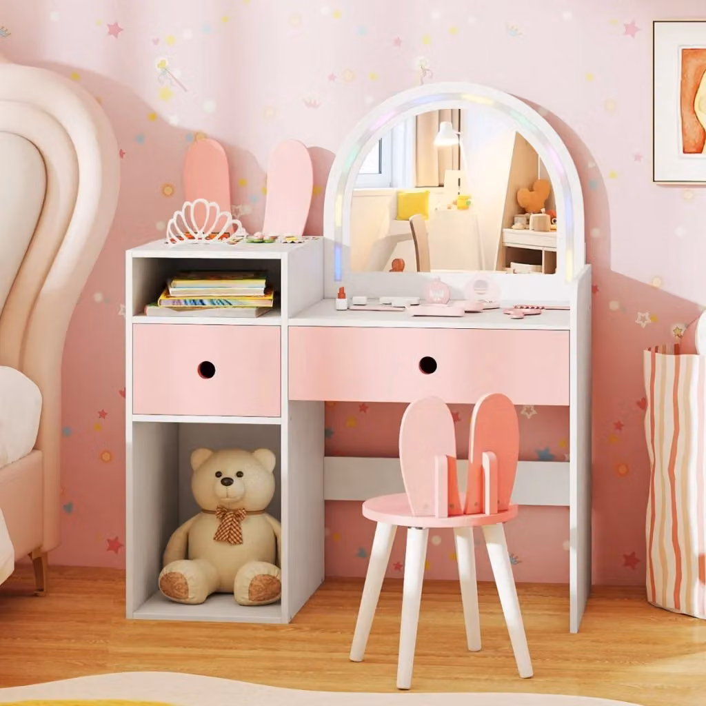 Tavolo da trucco per bambini con specchio LED e cassetti, scrivania moderna in legno bianco per cameretta – 2