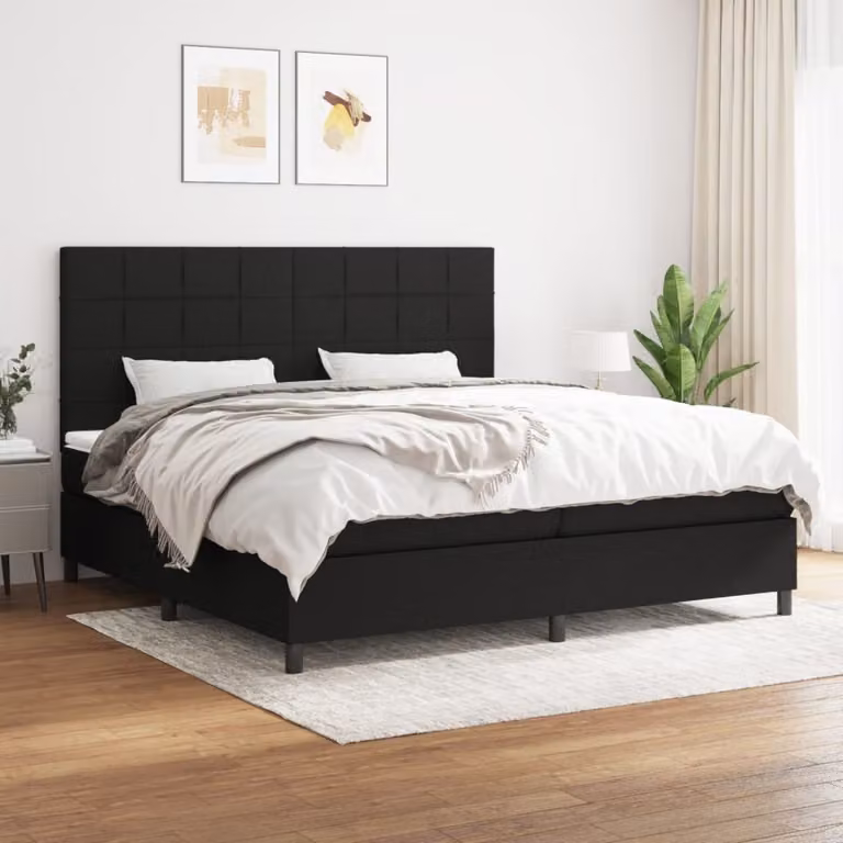 The Living Store Letto a molle con materasso nero 200x200 cm in tessuto