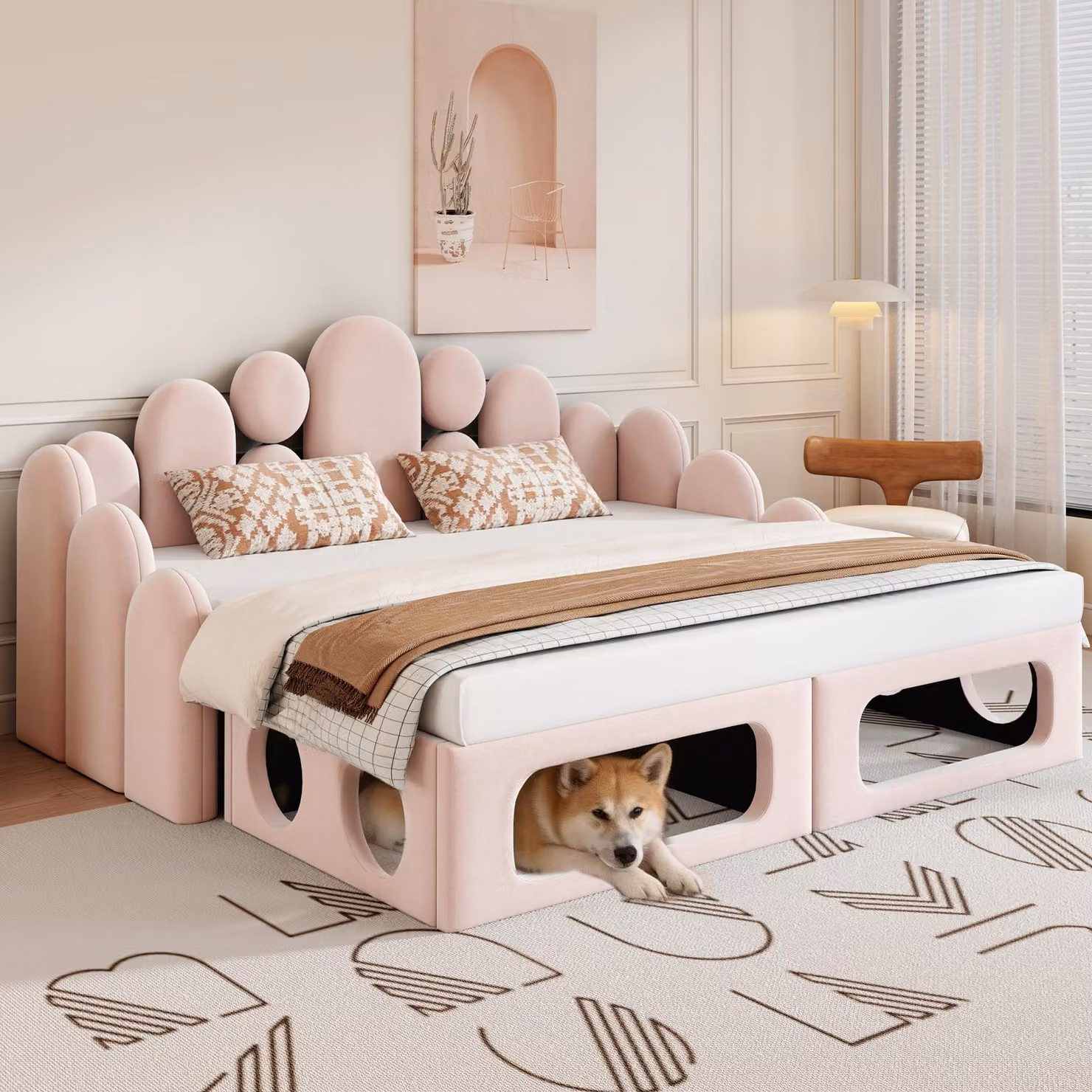 Abrihome Letto imbottito 180x200 cm con lettino per animali domestici e rete a doghe, divano letto in velluto con schienale, rosa