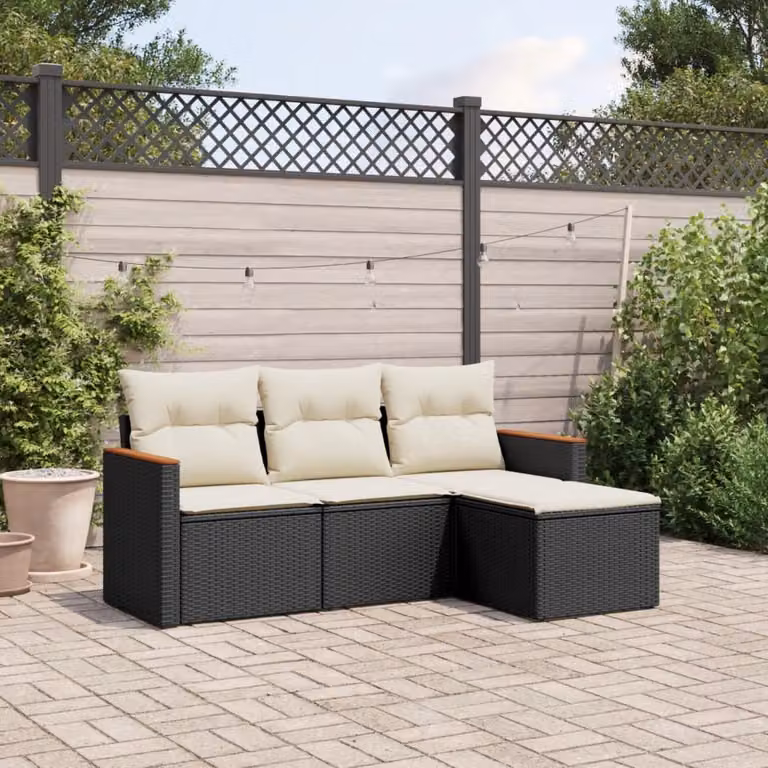 vidaXL Set di Divani da Giardino 4 pz a Forma di L in Polyrattan Nero con Cuscini e Ottoman