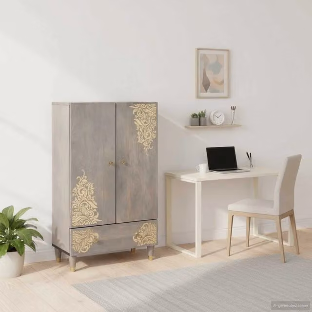 Credenza Grigio e Oro 60 x 33 x 100 cm Legno di mango massello 4018802
