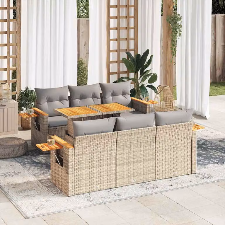 Maison Exclusive - Set Divani da Giardino 7 pz con Cuscini Beige Polyrattan Acacia