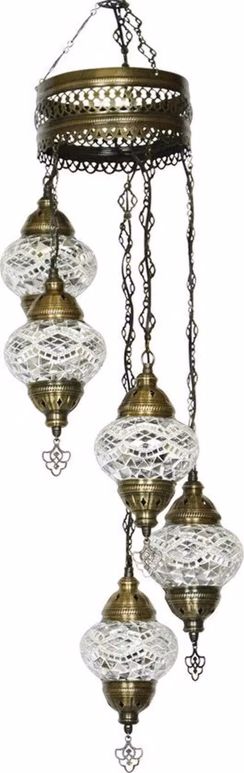 Lampada a sospensione Mosaico orientale, trasparente, altezza 97 cm, larghezza 20 cm, diametro 13,5 cm, attacco E14, rame