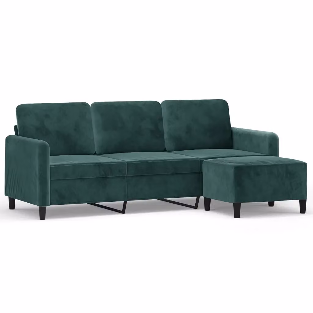 vidaXL Divano a 3 Posti con Poggiapiedi Verde in Velluto, L: 198 cm x P: 80 cm x H: 77 cm – 2