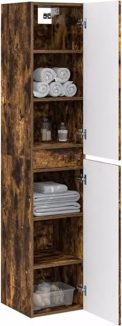Armadio da bagno a muro DESIGN IN in legno e MDF colore Rovere Fumo con ante a battente e ripiani interni L/P/H: 33 x 34,5 x 160 cm
