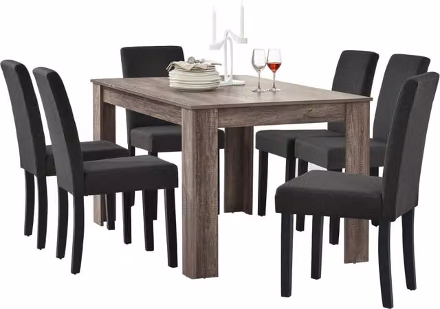 Set da Pranzo Tavolo Rettangolare con 6 Sedie Imbottite - Effetto Rovere Antico/Grigio [en.casa]