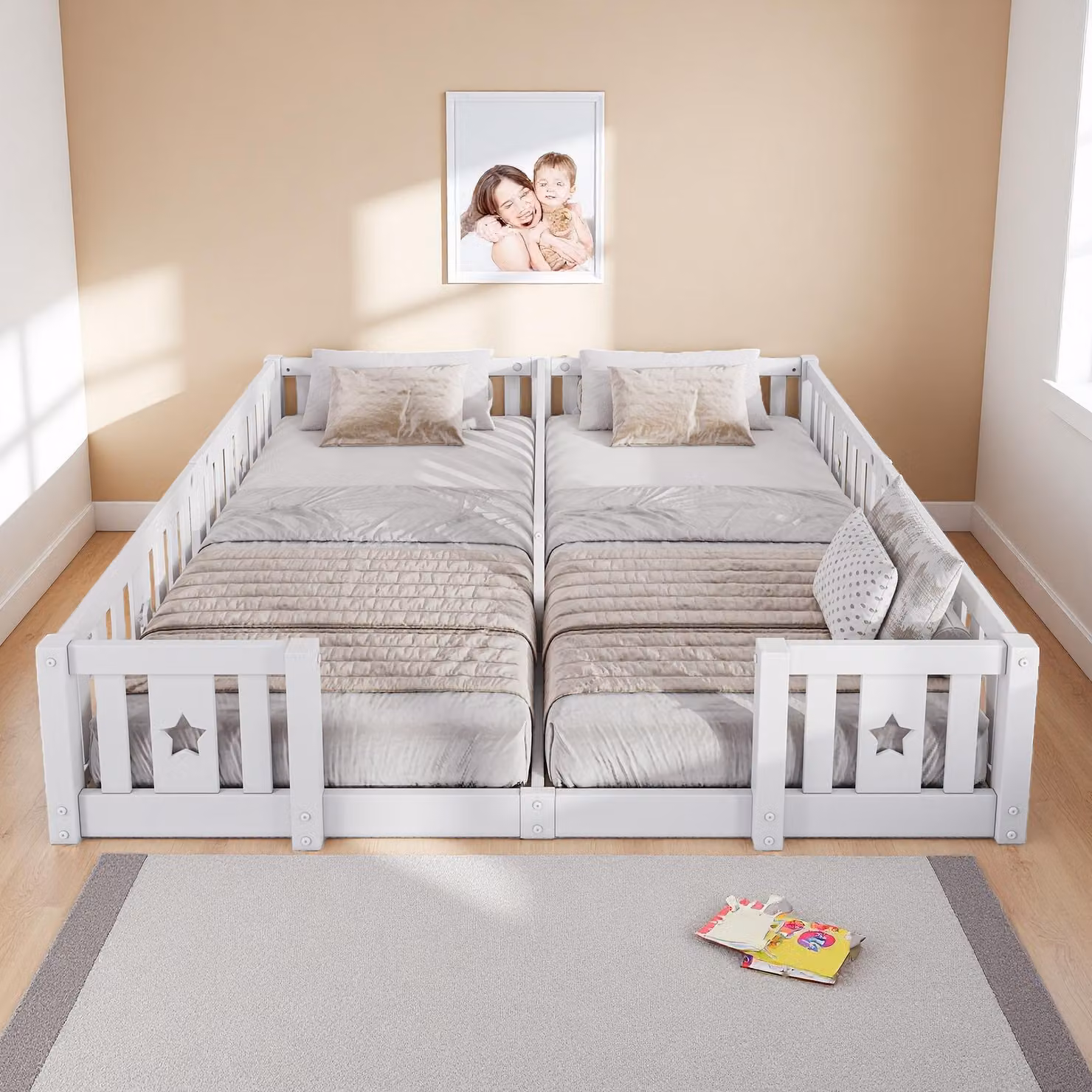 Letto a soppalco bianco ProximaX con sponda di protezione 90x200 cm, struttura in legno di pino con apertura a forma di stella, rete a doghe inclusa, sponda di protezione a prova di bambino, portata 100 kg, stile europeo per camerette e camere da letto