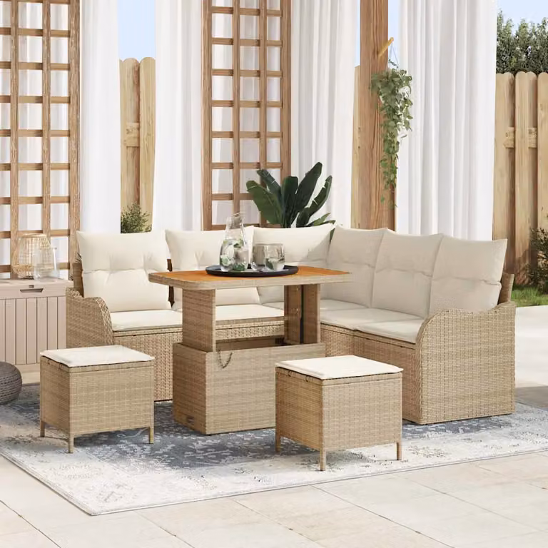 Set Divano da Giardino vidaXL 8 Pezzi a Forma di U con Tavolino e Cuscini Beige e Bianco