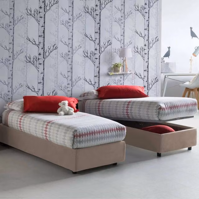Letto singolo contenitore Talamo Italia con rivestimento in tessuto beige, adatto per materasso 80x190 cm – 1