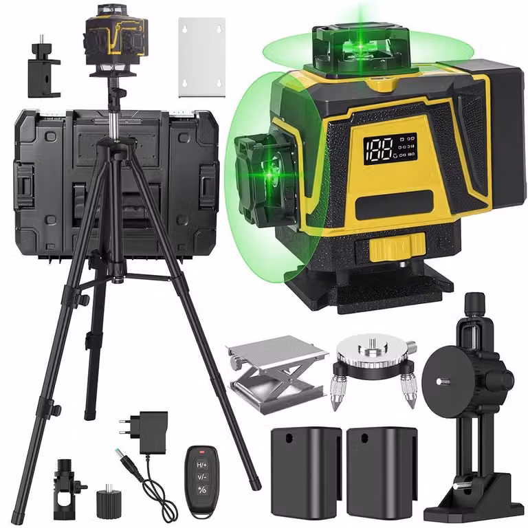 Livella laser 4D - 16 linee - Autolivellamento di 3° - Linee verticali e orizzontali - Alimentazione a batteria - Treppiede da 1 metro - Colore giallo