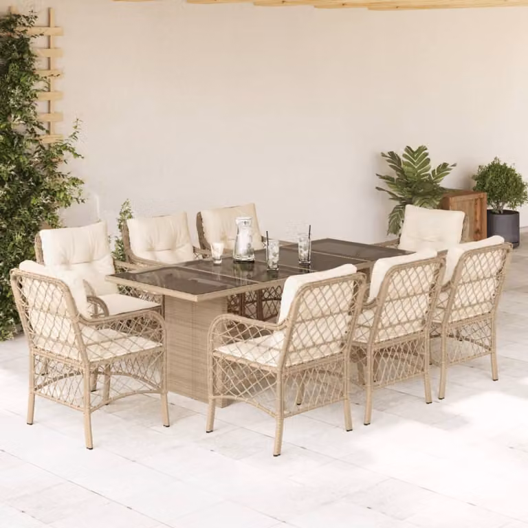 Set da Pranzo da Giardino vidaXL 9 pz in Polyrattan con Cuscini Beige e Piano in Vetro