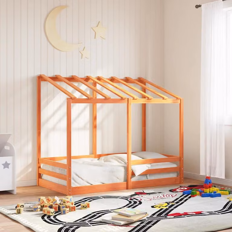 vidaXL Letto per bambini con tetto in legno di pino massello, colore marrone cera, 80 x 160 cm