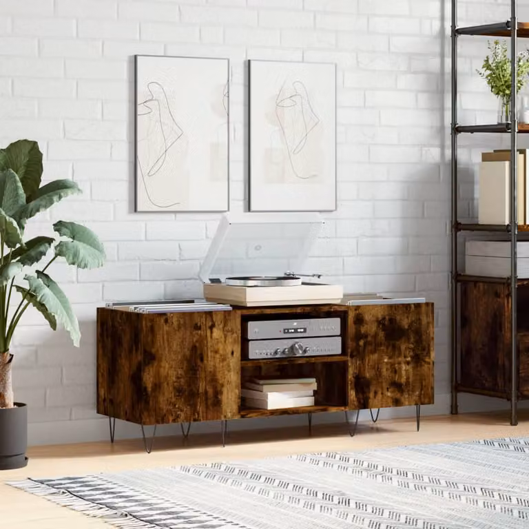 vidaXL Mobile Porta Dischi in Rovere Fumo e Metallo, L/P/H: 121 x 38 x 48 cm