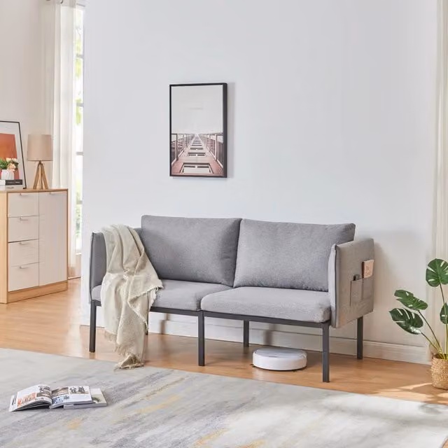 Divano a 2 posti Kamar en.casa imbottito in tessuto con cuscini e coperture rimovibili, Grigio, L: 158 cm, P: 79 cm, H: 63 cm